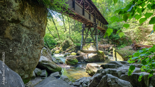 Brücke über Fluss mit wild herum liegendem Treibholz bei Luxemburg photo