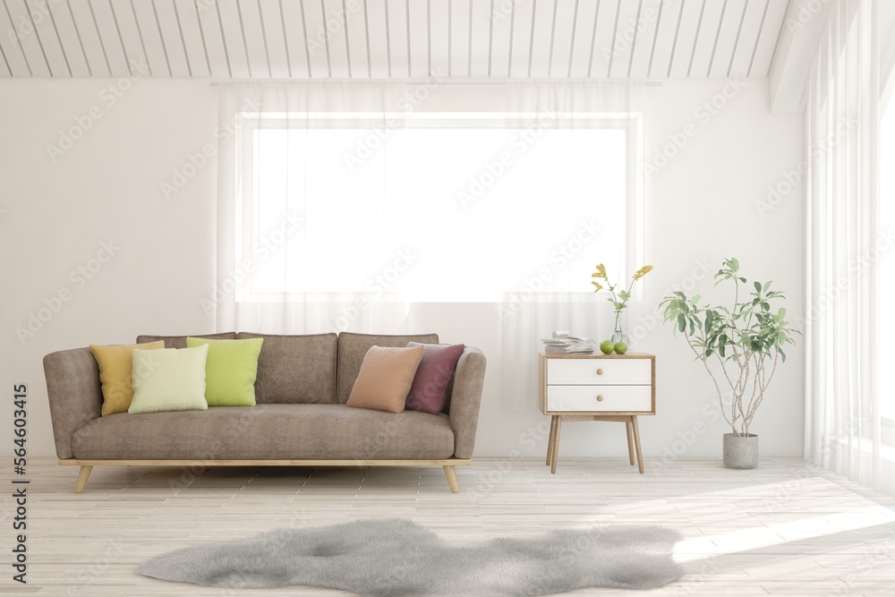 White living room with sofa. Scandinavian interior design. 3D illustration White living room with sofa. Scandinavian interior design. 3D illustration