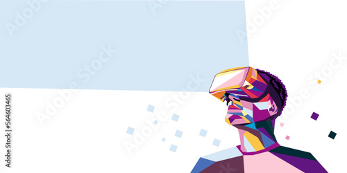 Vector illustration of a man wearing virtual reality glasses. The concept of modern technology. In modern art style.