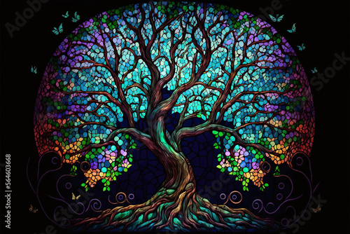 Stained glass tree with colorful magical fantasy leaves and butterflies, Generative AI