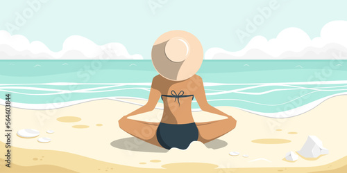 Beach cartoon scene, woman sitting on sand beach with calm sea view, Vector illustration.