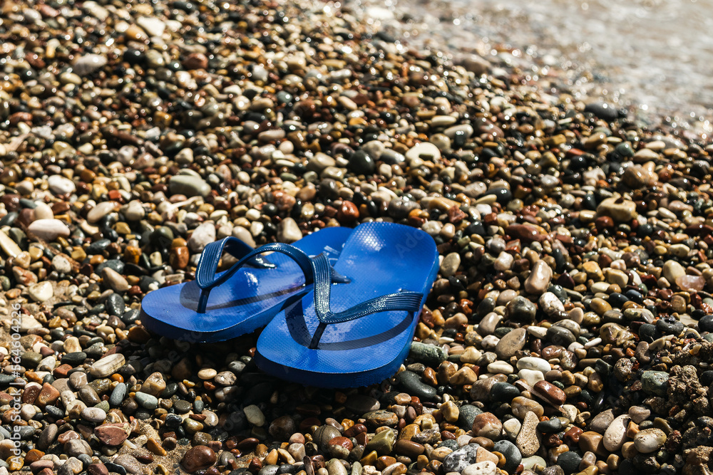 Wet blue rubber flip flops at the pebbly beach Wet blue rubber flip flops at the pebbly beach