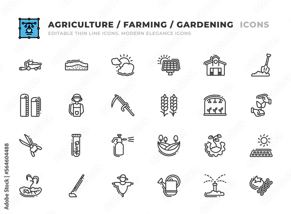 Editable Agriculture and Farming icons set. Thin line outline icons such as outhouse, agronomist, loam, weather conditions, solar batteries, depot, crofter, glasshouse, straw man, clippers vector. - obrazy, fototapety, plakaty 
