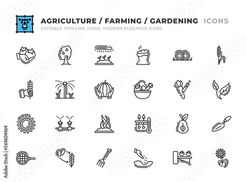 Editable Agriculture and Farming icons set. Thin line outline icons such as  irrigation system, heater, picking, unseeable, fertilizer, grain, scoop, branch, irrigator, nutritious food vector