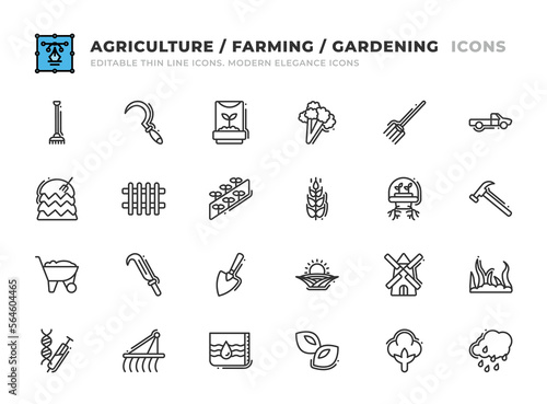 Editable Agriculture and Farming icons set. Thin line outline icons such as lettuce, pitchfork, pickup, mill, grass, gmo, cultivator, haystack, fence, rice field, rye, hydroponic, hammer vector.