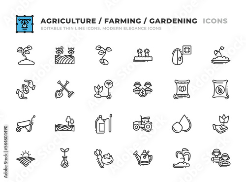 Editable Agriculture and Farming icons set. Thin line outline icons such as  field  sprout  chip  growing plant  water  vegetation  partnership  sustainable  shovel and rake  smart farm vector