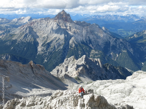 Obraz na plátně Little girl going ferrates in Dolomite Alps in Italy