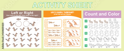 Bundle activity worksheet for kids with animals’ edition. Cartoon character printable worksheets animal edition. Counting left or right, counting worksheet, colour rand count worksheet. Vector file