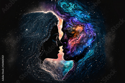 Galactic romance: A couple's love story brought to life with a galaxy background illustrated by Generative AI Generative AI 