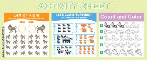 Bundle activity worksheet for kids with animals’ edition. Cartoon character printable worksheets animal edition. Counting left or right, counting worksheet, colour rand count worksheet. Vector file