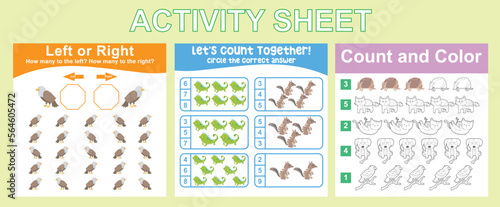 Bundle activity worksheet for kids with animals’ edition. Cartoon character printable worksheets animal edition. Counting left or right, counting worksheet, colour rand count worksheet. Vector file