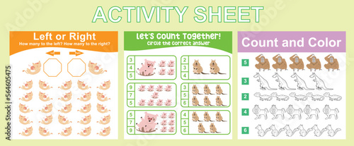 Bundle activity worksheet for kids with animals’ edition. Cartoon character printable worksheets animal edition. Counting left or right, counting worksheet, colour rand count worksheet. Vector file