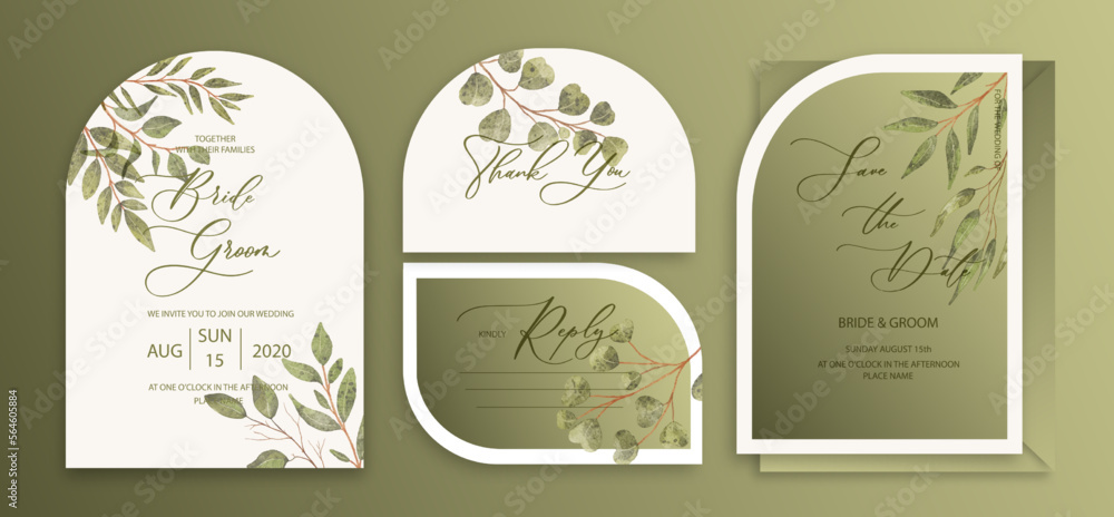 Luxury arch wedding invitation card background with green watercolor botanical leaves. Abstract floral art background vector design for wedding and vip cover template. Luxury arch wedding invitation card background with green watercolor botanical leaves. Abstract floral art background vector design for wedding and vip cover template.