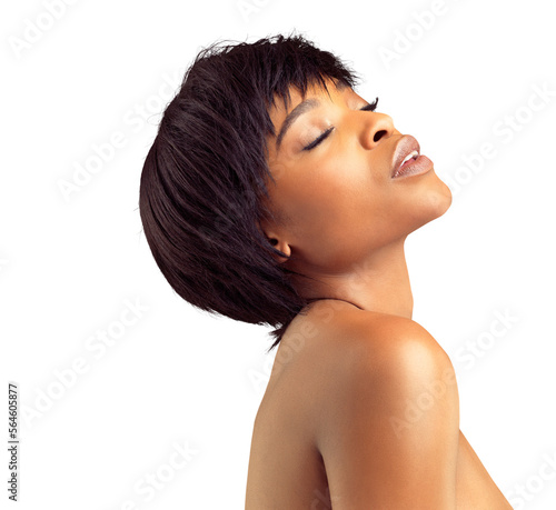 Side view of a shirtless beautiful young woman with her eyes closed isolated on a PNG background.