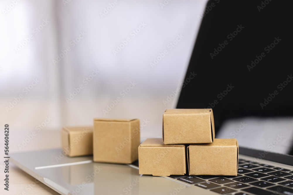 logistic import, export concept. Paper box computer laptop. home delivery service from supermarket, Finance commerce. product package transport.