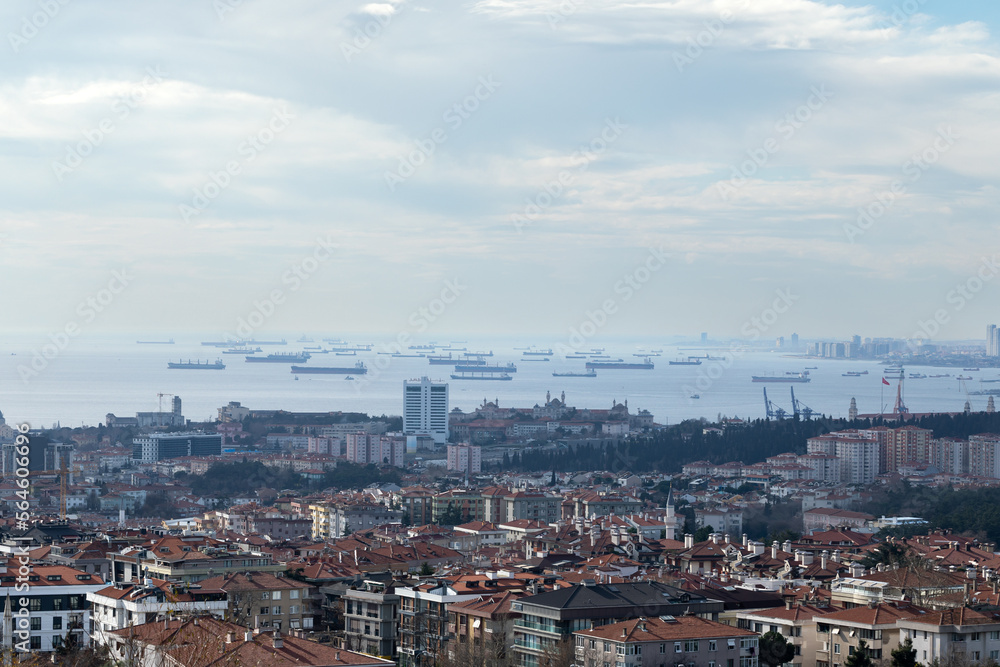 View of the Istanbul with the cargo ships in the sea. 