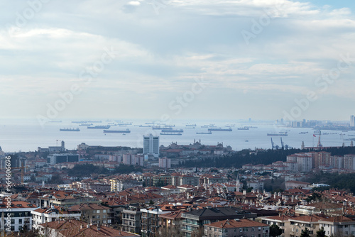 View of the Istanbul with the cargo ships in the sea. 