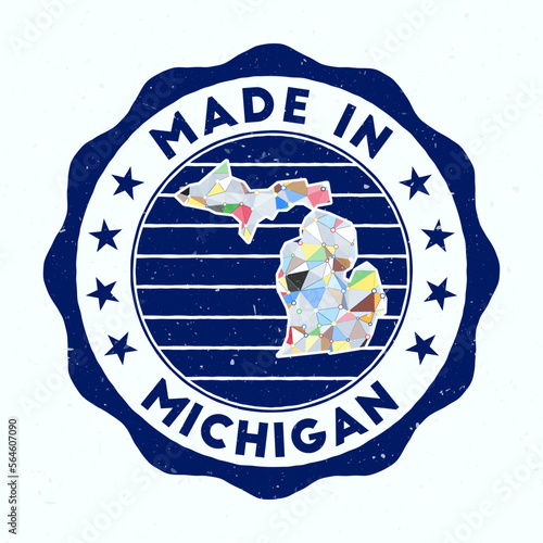 Made in Michigan. US state round stamp. Seal of Michigan with border shape. Vintage badge with circular text and stars. Vector illustration.