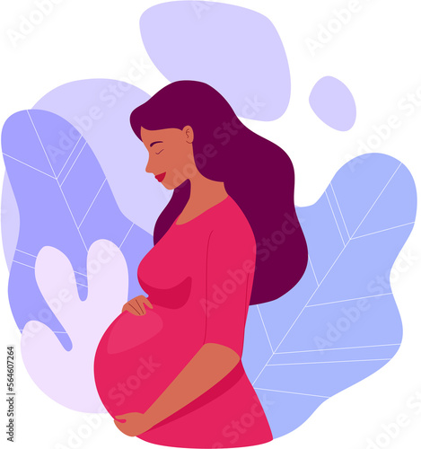 Concept of pregnancy, motherhood, family. Profile of pregnant woman hugging her big belly. Happy anticipation. Raster PNG Illustration in flat cartoon style.