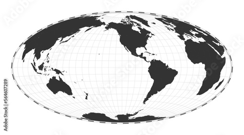 Vector world map. Hammer projection. Plain world geographical map with latitude and longitude lines. Centered to 120deg E longitude. Vector illustration.