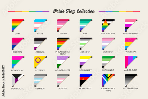 LGBTQ+ sexual identity pride flags collection. Flag of gay, transgender, bisexual, lesbian etc. Pride concept