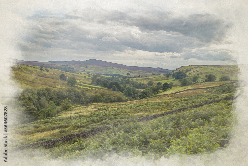 A dry stone wall cuts through the vista of green trees, fields and hills in the Peak District National park. The flat top of Shuttlingsloe can be seen in the distance.