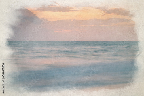 A digital watercolor painting of the sea at golden hour.