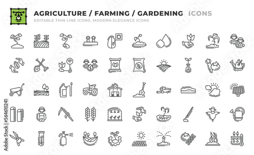 Set of 50 Agriculture and Farming icons. Thin line outline icons such as  growth, vegetation, partnership, sustainable, shovel and rake, smart farm, cooperation, seed bag, fertilizer, land vector