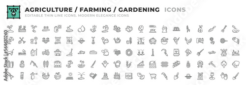 Set of 100 Agriculture and Farming icons. Thin line outline icons such as fertilizer, land, biology, harvest, trees, ultraviolet, compost, hay, oat, high fiber, trowel, fork, sowing seed vector.