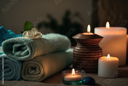 illustration of spa skin care product set decoration, towel candle, oil bottle Generative Ai