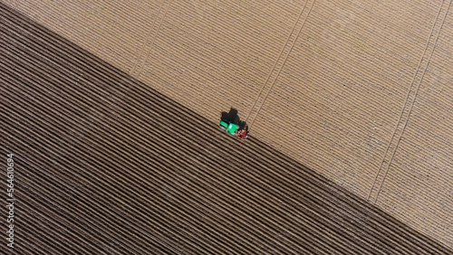 Tractor on the field from above, potato planting, aerial view.