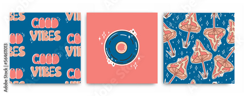 Set of groovy posters. Retro postcards in 70s. Hippie and boho style. Trendy illustrations. Vector.