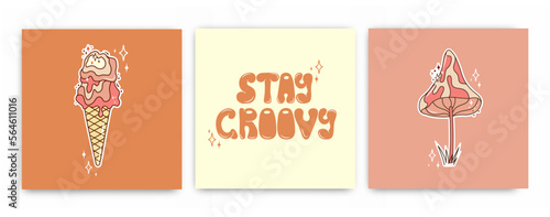 Set of groovy posters. Retro postcards in 70s. Hippie and boho style. Trendy illustrations. Vector.
