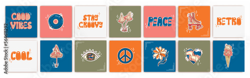Set of groovy posters. Retro postcards in 70s. Hippie and boho style. Trendy illustrations. Vector.