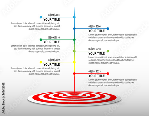 Colour line hit to red and white dartboard with infographic. Target timeline. Business success data chart, investment goal, marketing challenge, strategy presentation, achievement diagram. template.