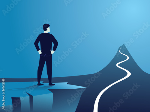 Rear view confident businessman standing by the edge of cliff, looking far away to long journey road in front of him to achieve his goal, vector illustration