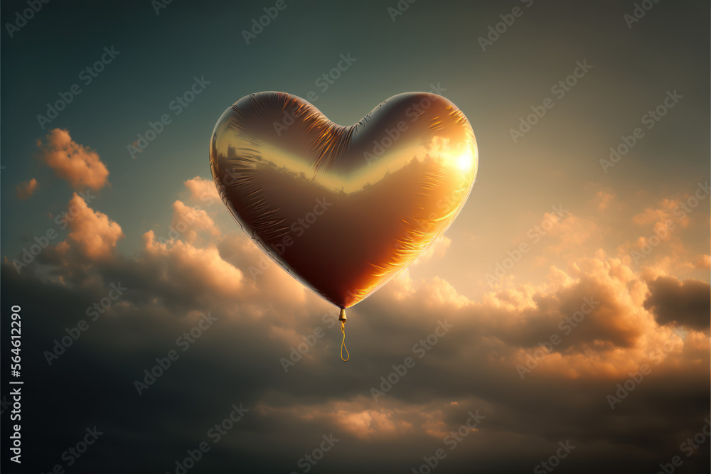 Fototapeta premium A heart-shapes balloon, rising towards the sky, representing the limitless potential of love - AI Generated
