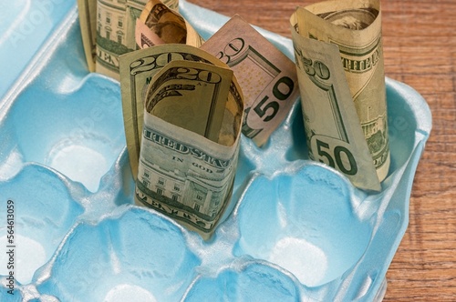 Photography US bills in a blue foam egg carton