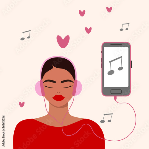 Beautiful young girl in headphones listening to favorite music and smiling. Melomaniac, music lover, fan. Woman enjoying songs in headset via smartphone, Flat vector illustration