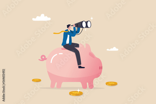 Financial future, discover investment opportunity, mutual fund or stock market pension fund, wealth management or savings concept, businessman riding piggybank look through binoculars to see future.