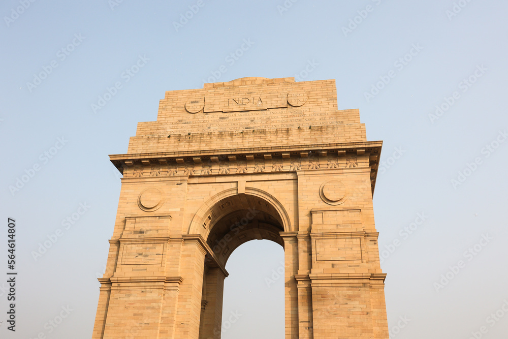 The war memorial arch India Gate in the honor of the unknown martyrs. Vijay Chowk the Victory Square in New Delhi.
