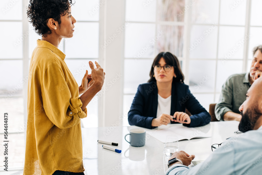 Business woman giving a speech in a team meeting