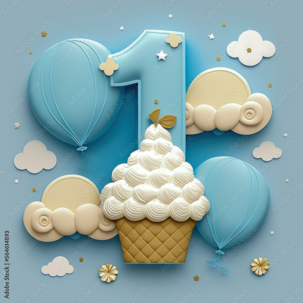 boys first birthday themed digital art large blue number one behind