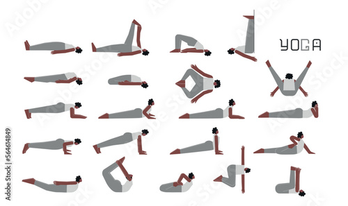 Vector flat isolated illustration collection with female character doing yoga. African American woman learns lying on back and plank postures. Set of basic sports exercise for beginners