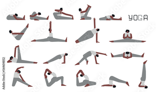 Vector flat illustration collection with female adult character doing yoga. African American woman learns sitting stretching postures. Set of basic sports exercise for beginners