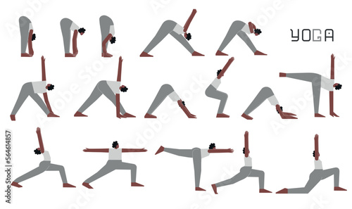 Vector flat isolated concept collection with female character doing yoga. African American woman learns stretching postures with bend. Set of sports balance exercise for beginners
