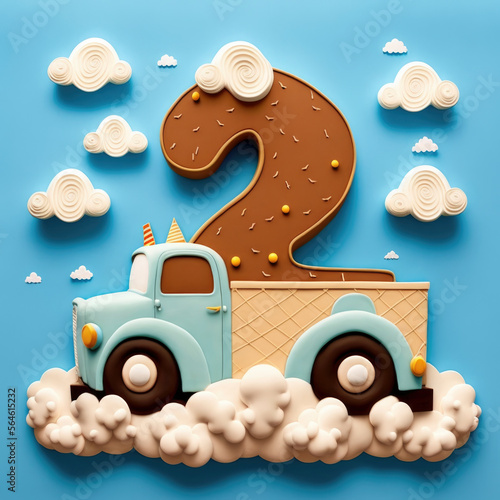 boys second birthday old truck theme cake, large brown number 2 on bed of blue and cream truck with surrounded by white clouds and blue background generative ai