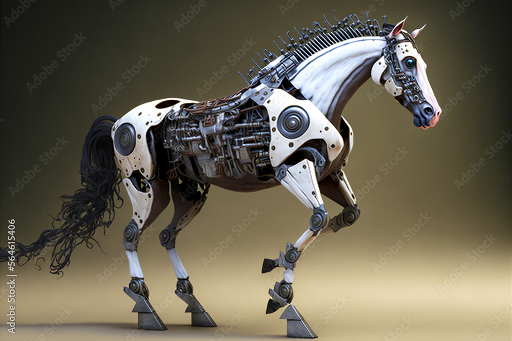 mechanical robotic metal horse isolated on dark background, cyber ...