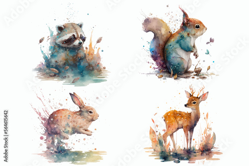 Safari Animal set Raccoon, deer, hare, squirrel in watercolor style. Isolated vector illustration