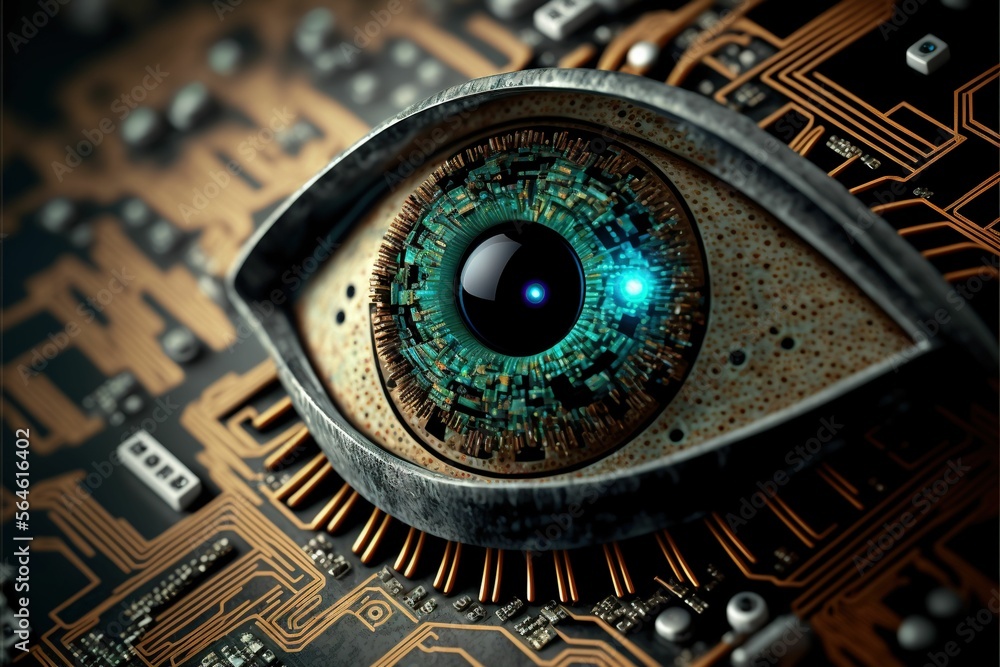 Eye on circuit board and microchips closeup generative ai 